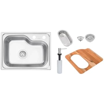 Cuba de Sobrepor Tramontina Morgana Compact 48 FX em Aço Inox Acetinado 55 x 42 cm com válvula, Dosador de Sabão, Tábua e