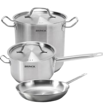 Jogo de Panelas Profissionais Inox Fundo Triplo Brinox 3 Peças 24cm Frigideira Caldeirão Caçarola — Brinox