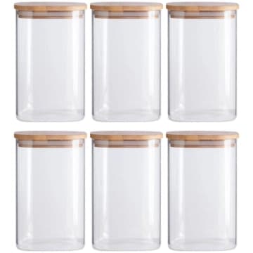Jogo 6 Potes de Vidro Herméticos 1100ml Tampa Bambu Quadrado — Oikos