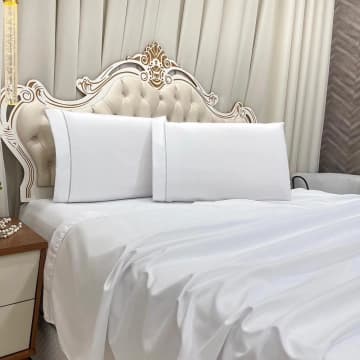 Jogo de Cama Lençol Queen Realce Percal 400 Fios 4 Peças - Branca - 100% Poliéster — Casa Show Enxovais