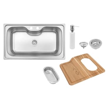 Cuba de Sobrepor Tramontina Morgana Maxi 86x50 cm em Aço Inox com Válvula Dosador de Sabão Tábua e Cesto 93801102 —