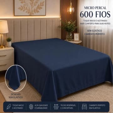 Lençol Avulso Quality Casal Micropercal 600 fios Macio Sem Elástico - Marinho — Casa Show Enxovais