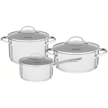 Jogo de Panelas Tramontina Una Aço Inox Fundo Triplo Tampas de Vidro 3 Peças — Tramontina
