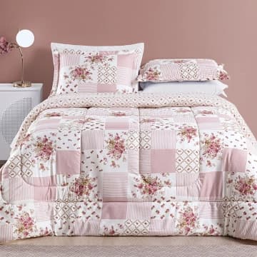 Kit Edredom Dallas Queen Dupla Face Microfibra 3 Peças - Rosa Matura Patchwork — Casa Scarpa