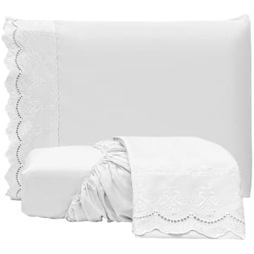 Jogo Cama Lençol Loren Queen Bordado Inglês Micro Percal 300 Fios 3 Peças Branco — Casa Scarpa